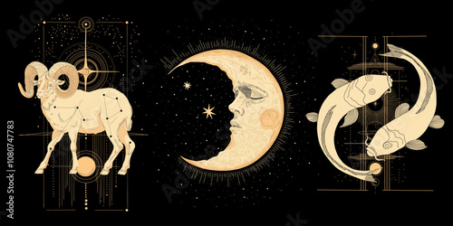 Vector illustration set of moon phases. Different stages of moonlight activity in vintage engraving style. Zodiac Signs