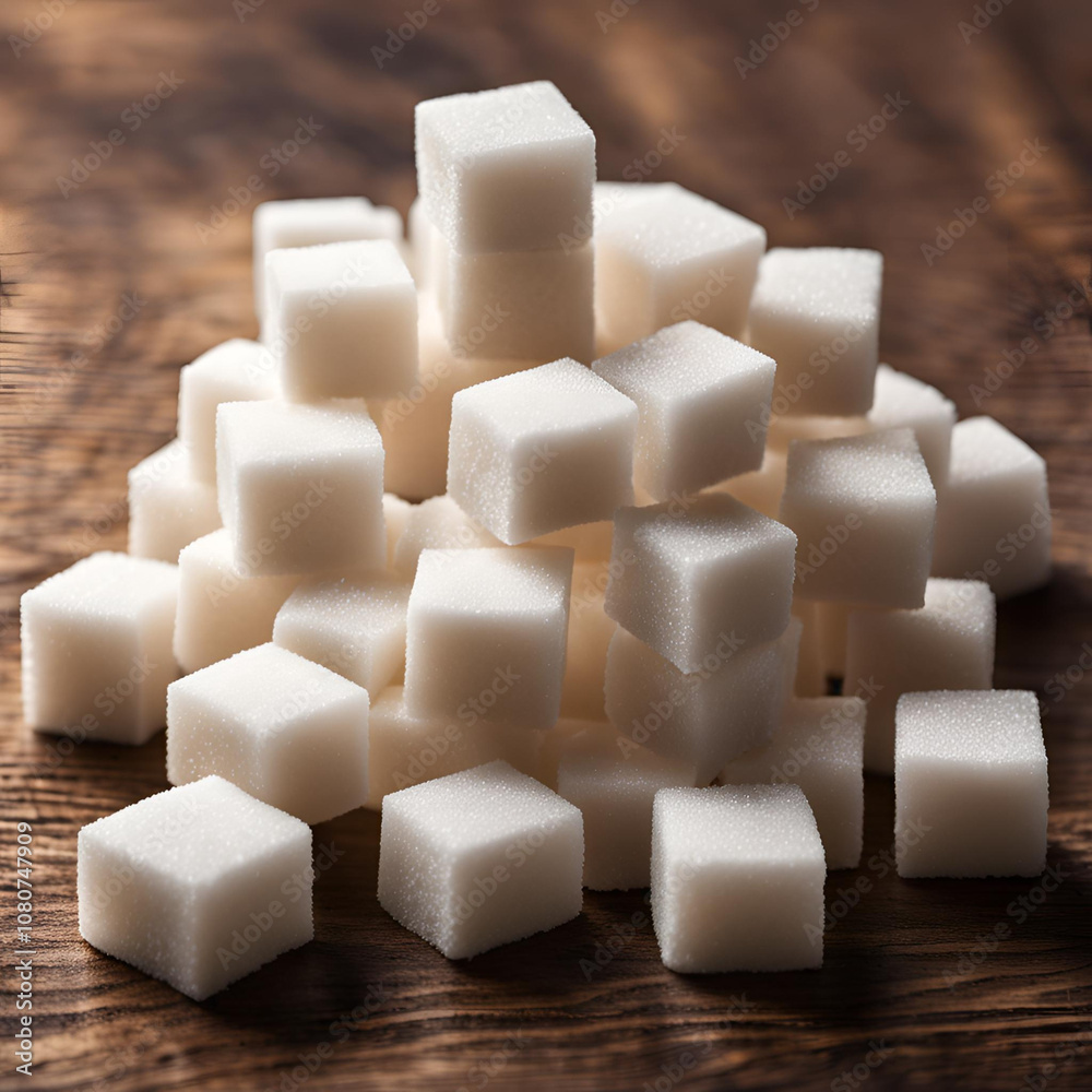A neatly stacked pile of white sugar cubes on a rustic wooden background, emphasizing sweetness and texture. A neatly stacked pile of white sugar cubes on a rustic wooden background, emphasizing sweetness and texture.