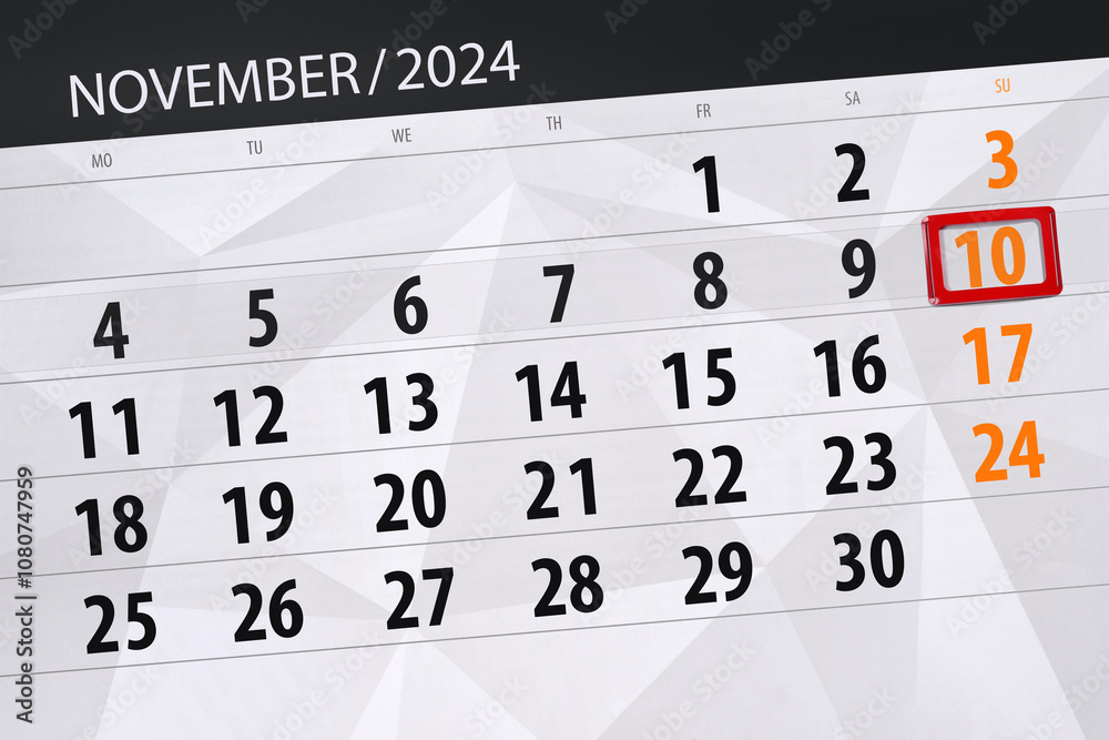 Fototapeta premium Calendar 2024, deadline, day, month, page, organizer, date, November, sunday, number 10