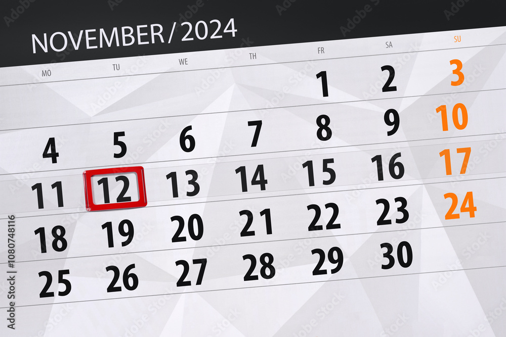 Obraz premium Calendar 2024, deadline, day, month, page, organizer, date, November, tuesday, number 12