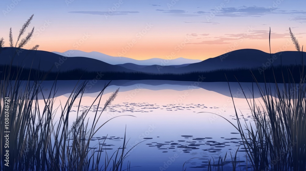 Tranquil sunrise over calm mountain lake Tranquil sunrise over calm mountain lake