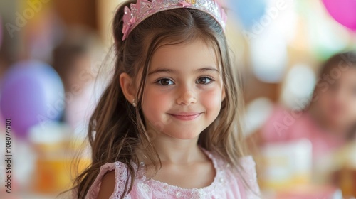 A young girl in a pink dress and crown smiles brightly at a birthday party, surrounded by colorful decorations and cheerful atmosphere