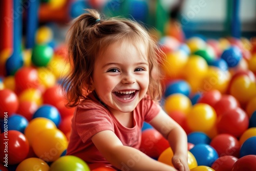 Smiling child in ball pit at indoor playground, family vacation close-up