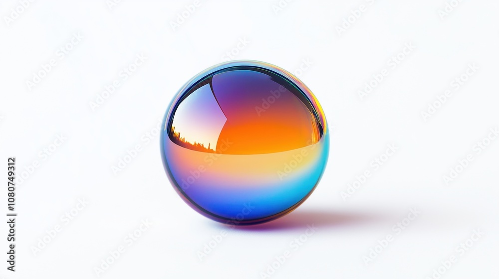 A vibrant glass sphere reflecting various colors against a white background. A vibrant glass sphere reflecting various colors against a white background.