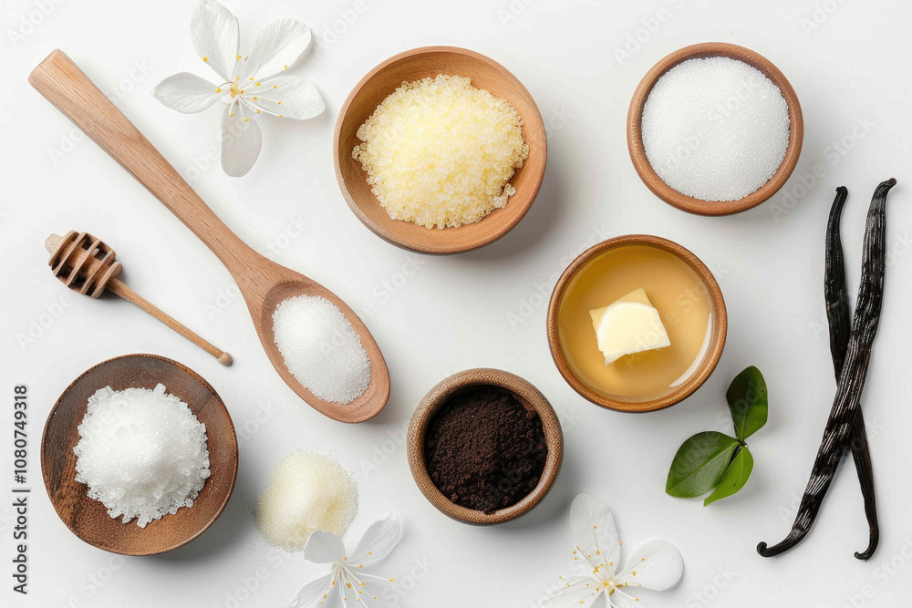 Assorted Natural Ingredients for Baking and Cooking on White Background with Vanilla Beans and Sugar Assorted Natural Ingredients for Baking and Cooking on White Background with Vanilla Beans and Sugar