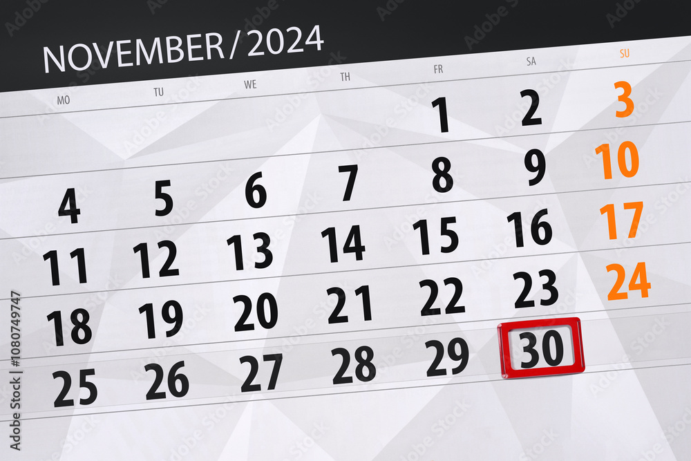 Obraz premium Calendar 2024, deadline, day, month, page, organizer, date, November, saturday, number 30