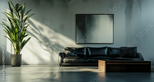 Modern loft interior with a dark leather sofa and a wooden coffee table, a textured wall featuring abstract artwork. Open space with an industrial vibe