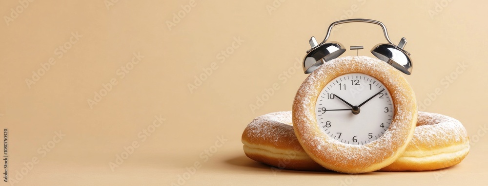 A whimsical alarm clock shaped like waves sits atop a delicious doughnut against a serene light brown backdrop, inviting a moment of sweetness A whimsical alarm clock shaped like waves sits atop a delicious doughnut against a serene light brown backdrop, inviting a moment of sweetness