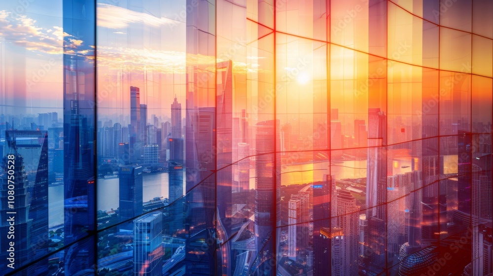A mesmerizing blend of a modern office window and a vibrant city skyline at sunset creates a futuristic ambiance suggesting innovation and ambition in business. A mesmerizing blend of a modern office window and a vibrant city skyline at sunset creates a futuristic ambiance suggesting innovation and ambition in business.