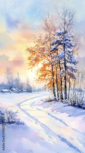 A peaceful winter scene featuring snow-laden trees and a vibrant sunset, capturing the beauty of a quiet countryside.