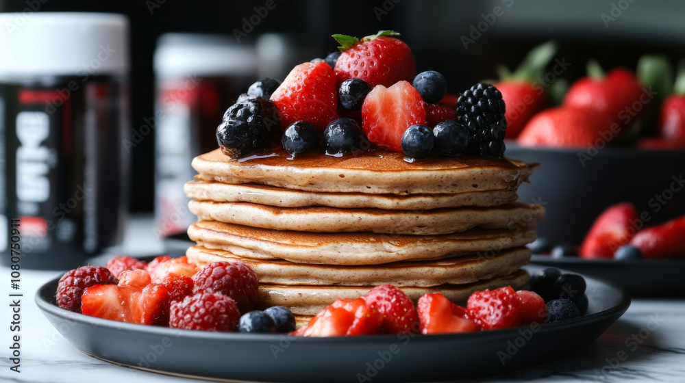 Delicious stack of fluffy pancakes topped with fresh mixed berries in a cozy kitchen setting during breakfast Delicious stack of fluffy pancakes topped with fresh mixed berries in a cozy kitchen setting during breakfast