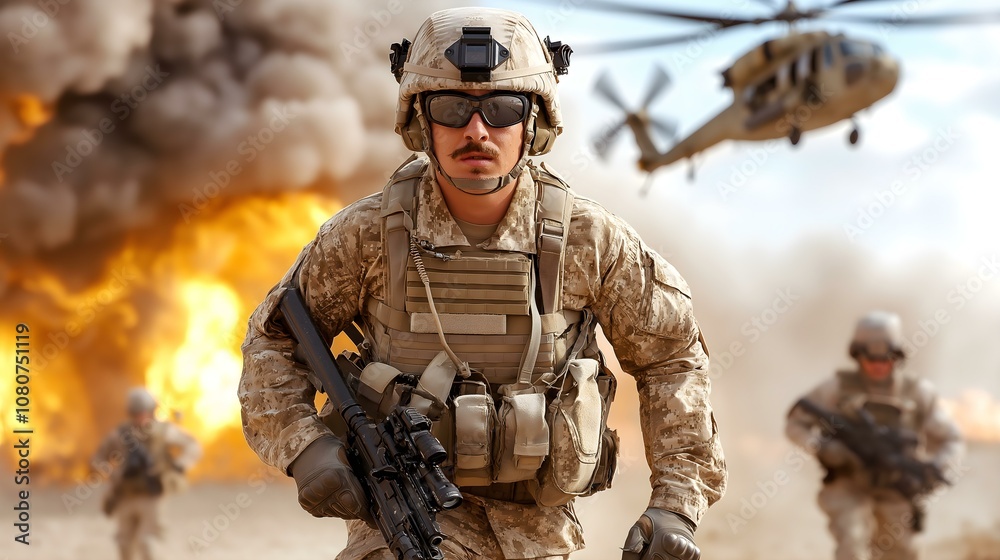 Fototapeta premium Soldier advancing amid explosions and helicopters in a warzone, dramatic and intense scene.