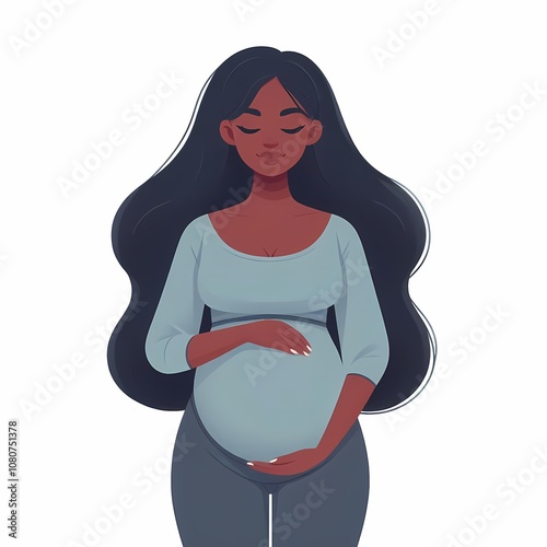 Pregnant black woman standing, whitea background, flat style illustration photo