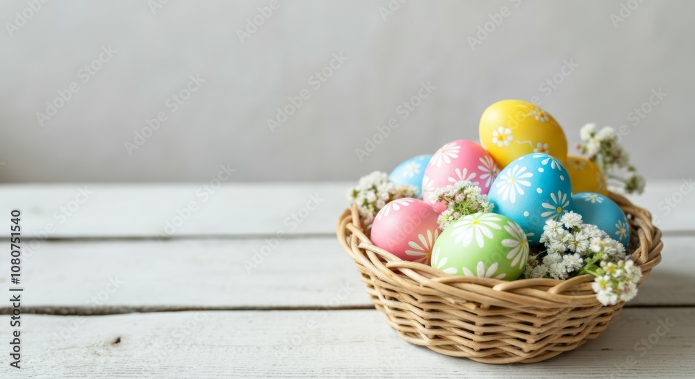 Colorful Easter eggs in wicker basket with flowers on white wooden table. Greeting card design for holiday. Colorful Easter eggs in wicker basket with flowers on white wooden table. Greeting card design for holiday.
