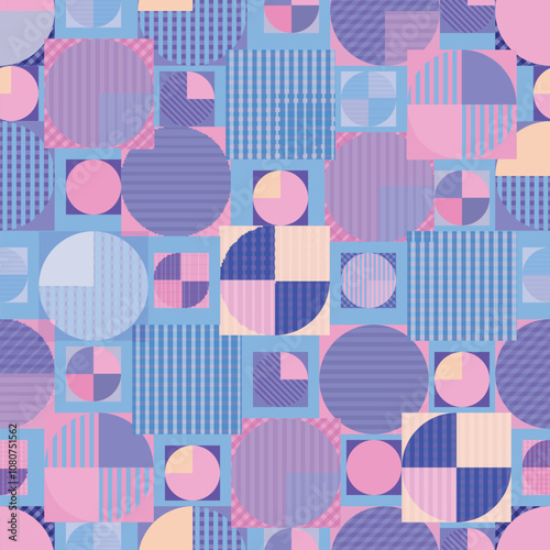 Vibrant geometric seamless pattern featuring circles and squares abstract background in pink and lavender colours. Textile design