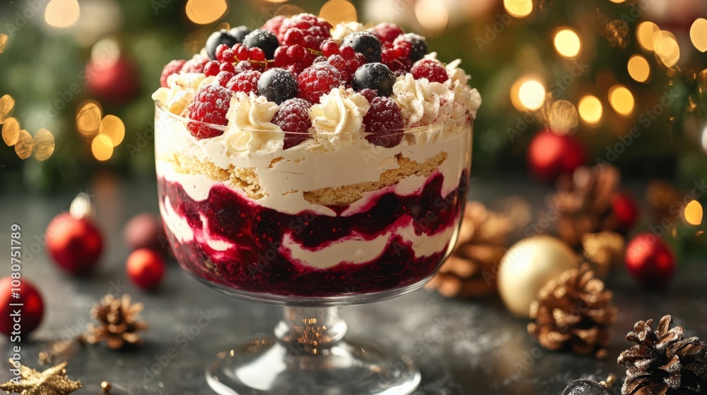 Festive Berry Trifle with Whipped Cream and Holiday Decor Festive Berry Trifle with Whipped Cream and Holiday Decor