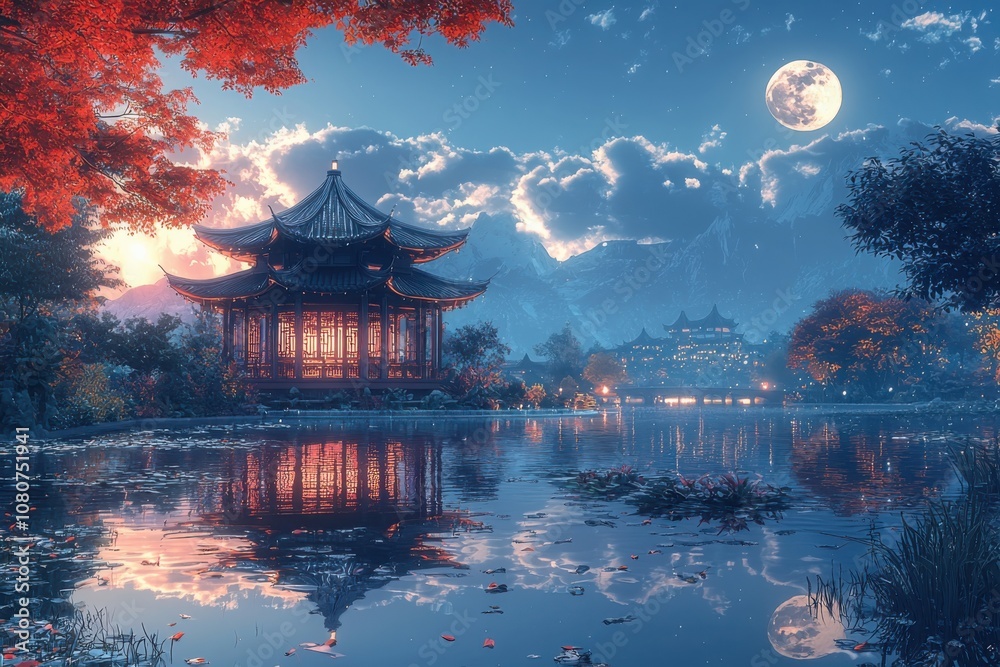 Obraz premium Experience the serenity of a chinese garden pavilion under the enchanting moonlight