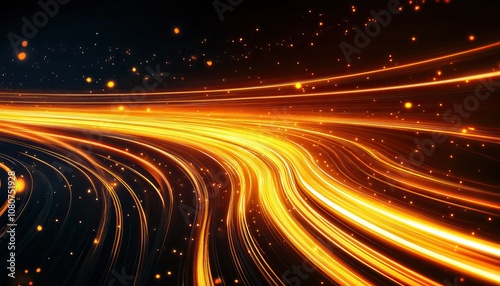 A dynamic display of glowing orange lines creating an energetic flow against a dark background, representing movement and light.