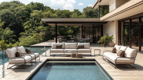 Wallpaper Mural Modern outdoor lounge area with pool and greenery backdrop. Torontodigital.ca