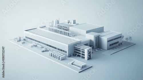 Fototapeta Naklejka Na Ścianę i Meble -  A 3D rendering of a white factory complex with a white background.