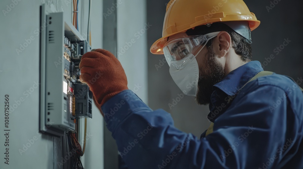 Electrician working on an electrical panel Electrician working on an electrical panel