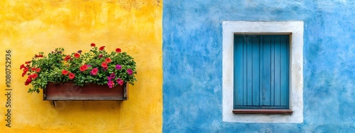 A blue and yellow house with window frames and a door, featuring vibrant wall paint