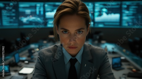 Professional Woman in Business Suit with Serious Expression Working in High-Tech Command Center Surrounded by Screens Displaying Data Analytics and Charts