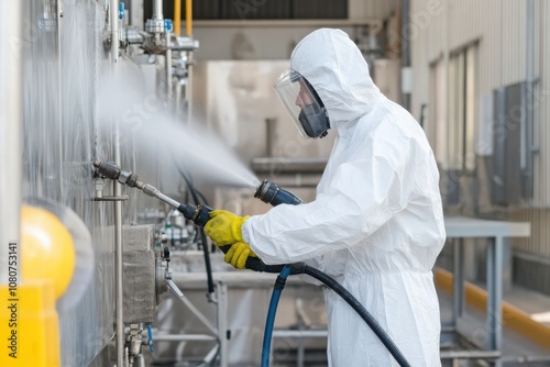 A worker in protective gear operates a pressure washing tool, spraying high-pressure water on an industrial site to maintain cleanliness and safety.