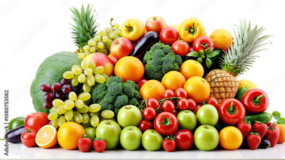 Fresh Fruits and Vegetables on White Background - Healthy Food Stock Image Fresh Fruits and Vegetables on White Background - Healthy Food Stock Image