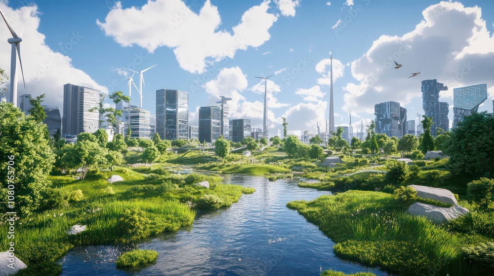 A futuristic city with wind turbines, green spaces, and a river flowing through it. A futuristic city with wind turbines, green spaces, and a river flowing through it.