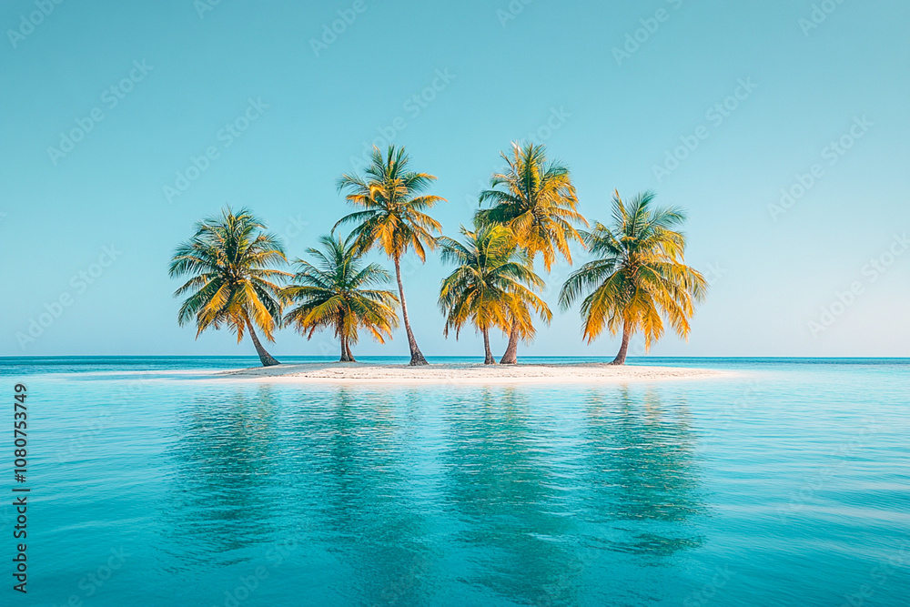 A tranquil island scene featuring five lush palm trees reflected perfectly in calm, azure waters. A tranquil island scene featuring five lush palm trees reflected perfectly in calm, azure waters.