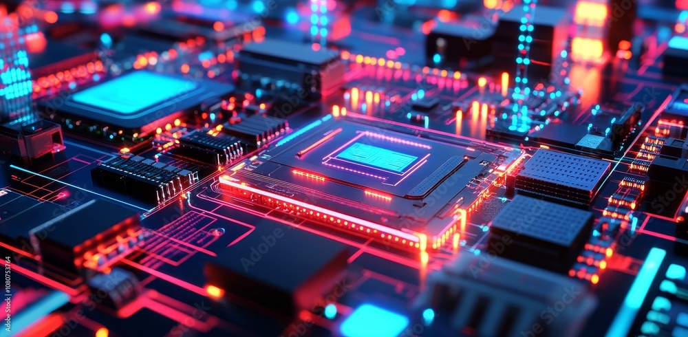 An abstract futuristic technology concept image featuring a grid line and a circuit on a dark purple background.