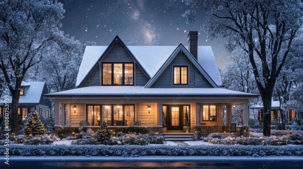 A Cozy Snow-Covered House with Christmas Lights on a Starry Night A Cozy Snow-Covered House with Christmas Lights on a Starry Night