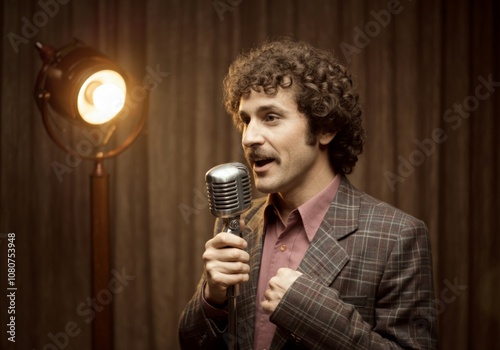 Retro singer performing with vintage microphone and spotlight in classic setting, 70s aesthetic