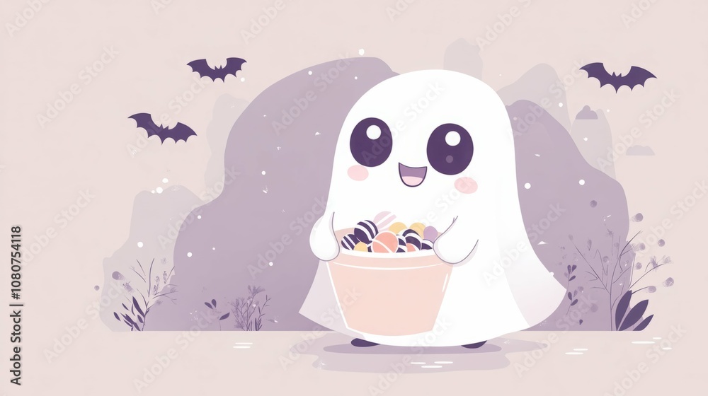 Obraz premium Cute ghost collecting Halloween candies.