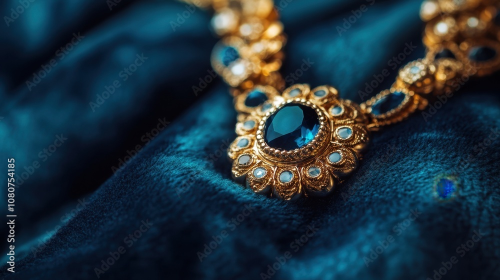 A close-up view of an ornate gold necklace featuring a central blue gemstone surrounded by intricate detailing and sparkling stones, set against a rich fabric background. A close-up view of an ornate gold necklace featuring a central blue gemstone surrounded by intricate detailing and sparkling stones, set against a rich fabric background.