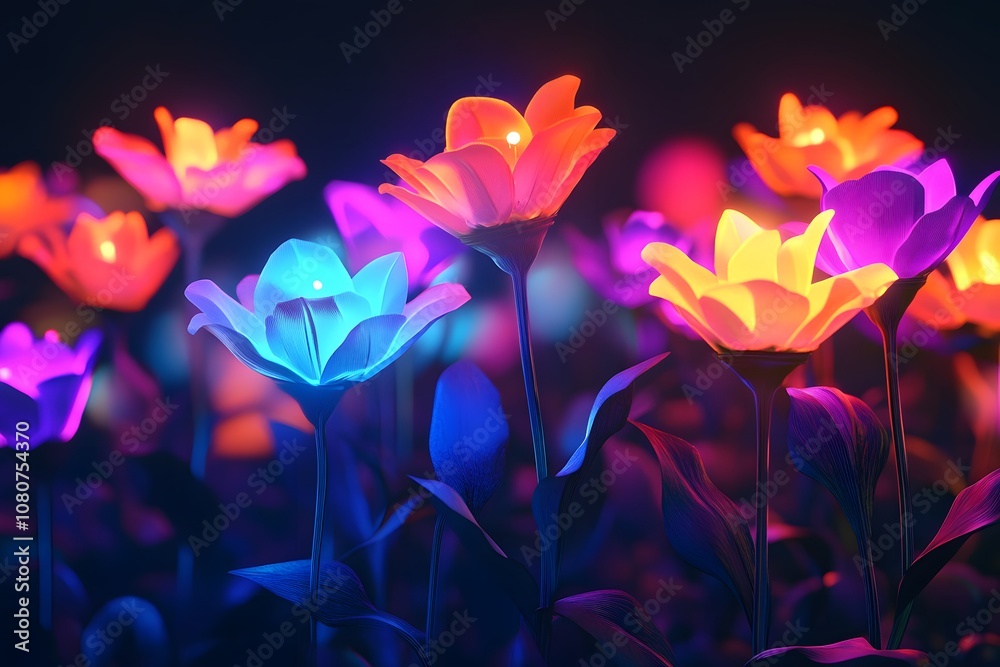 Vibrant glowing flowers in a dark setting. Vibrant glowing flowers in a dark setting.