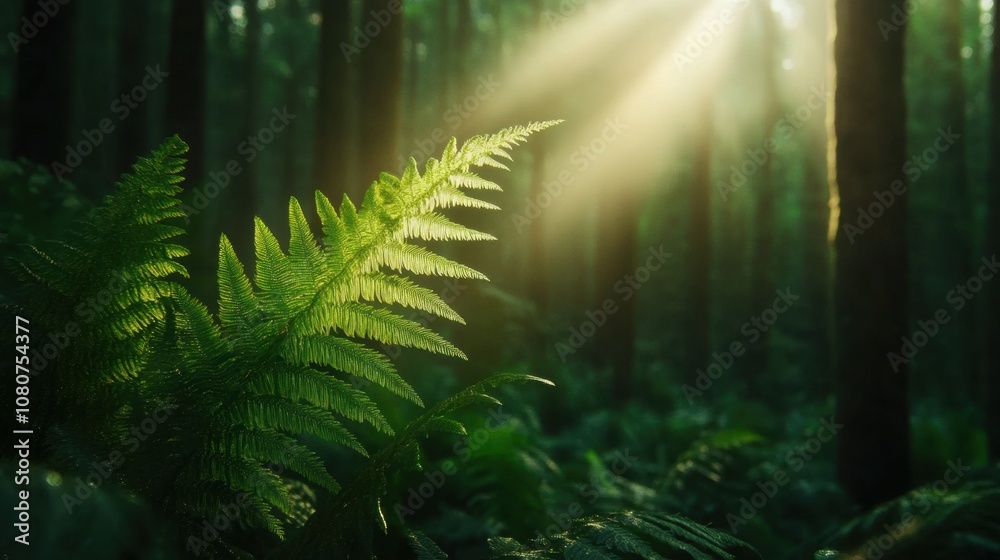 A serene forest scene featuring vibrant green ferns illuminated by soft sunlight filtering through tall trees. A serene forest scene featuring vibrant green ferns illuminated by soft sunlight filtering through tall trees.