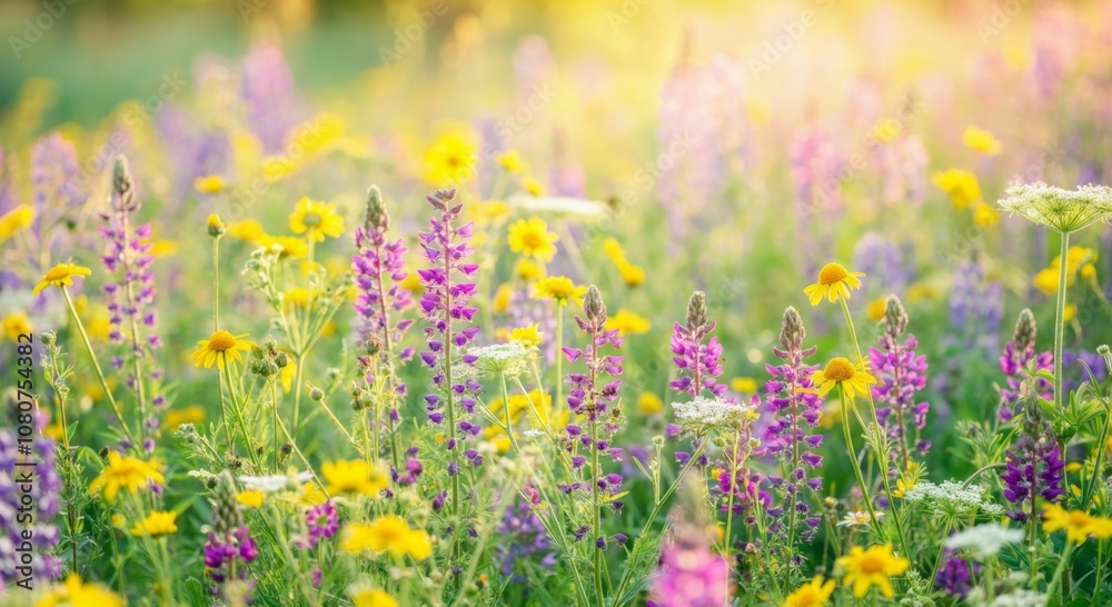 Fototapeta premium Vibrant summer wildflower meadow with yellow and purple blossoms in sunlight