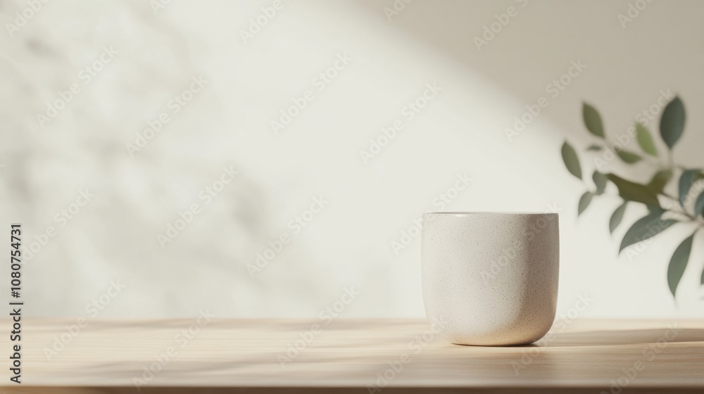 A minimalist setting featuring a simple white cup positioned on a light wooden table, with soft shadows and green leaves enhancing the serene atmosphere. A minimalist setting featuring a simple white cup positioned on a light wooden table, with soft shadows and green leaves enhancing the serene atmosphere.