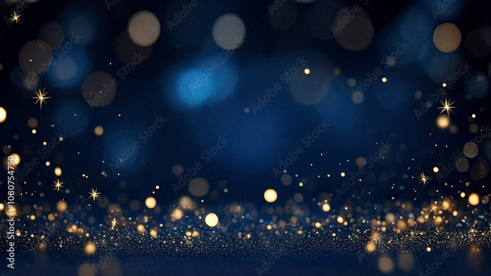 Naklejka premium Luxurious Dark Blue Christmas Background with Golden Bokeh and Sparkling Stars