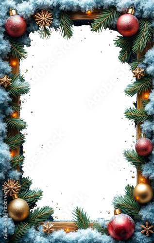 Festive Christmas frame with pine branches, golden ornaments, snowflakes, and warm lights. Perfect for holiday-themed designs or greeting cards, on a transparent background.

