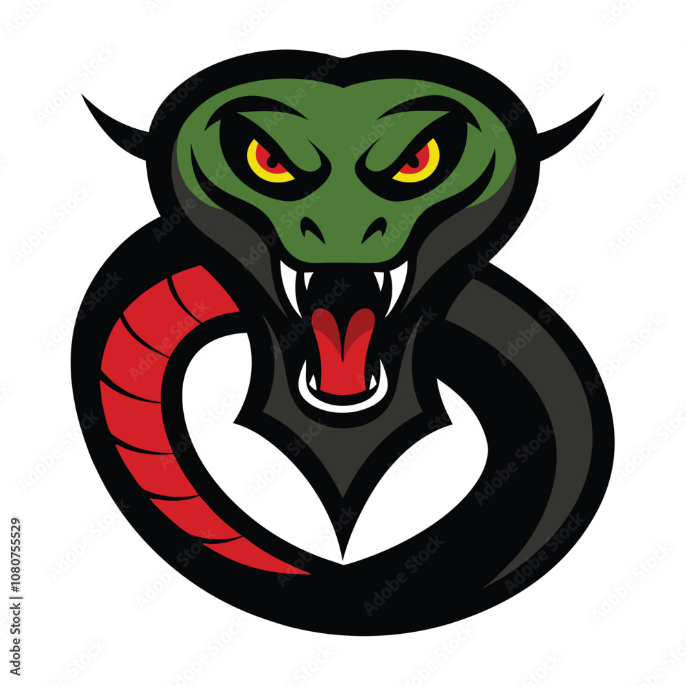 Fototapeta premium A fierce venomous snake mascot logo vector featuring a coiled snake with sharp fangs, intense eyes, and striking scales, embodying power and agility—perfect for bold branding.