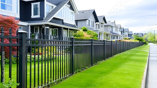 Suburban Homes with Black Metal Fence Green Lawn Residential Street
