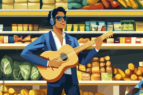 Joyful Latino Musician Dancing with Guitar in Grocery Store photo