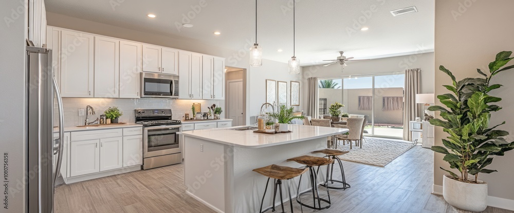 Fototapeta premium Modern Kitchen and Dining Area with White Cabinets and Island