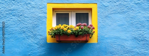 A blue and yellow house with window frames and a door, featuring vibrant wall paint