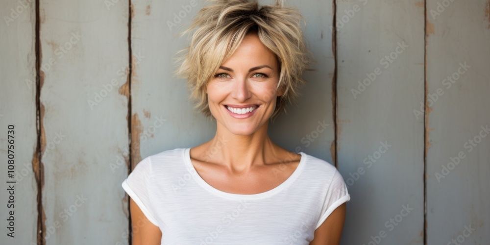 Fototapeta premium attractive and pretty woman in white mock-up T-Shirt, looking into camera
