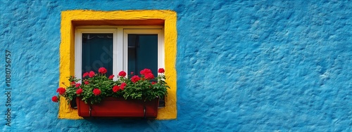A blue and yellow house with window frames and a door, featuring vibrant wall paint