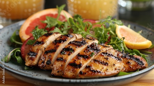 Grilled chicken breast with salad and citrus fruit on a plate. photo